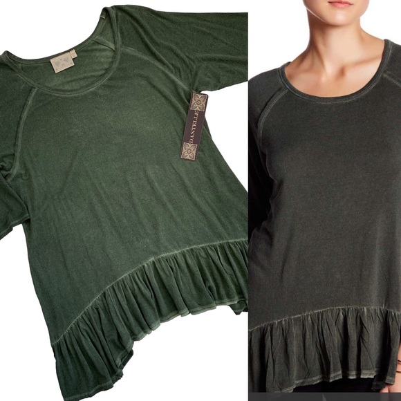 Dantelle Tops - NWT Dantelle Oil Dyed Ruffle Hem Tee Dark Olive XL